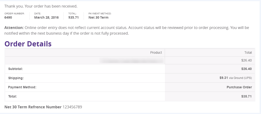 Net30 Order confirmation