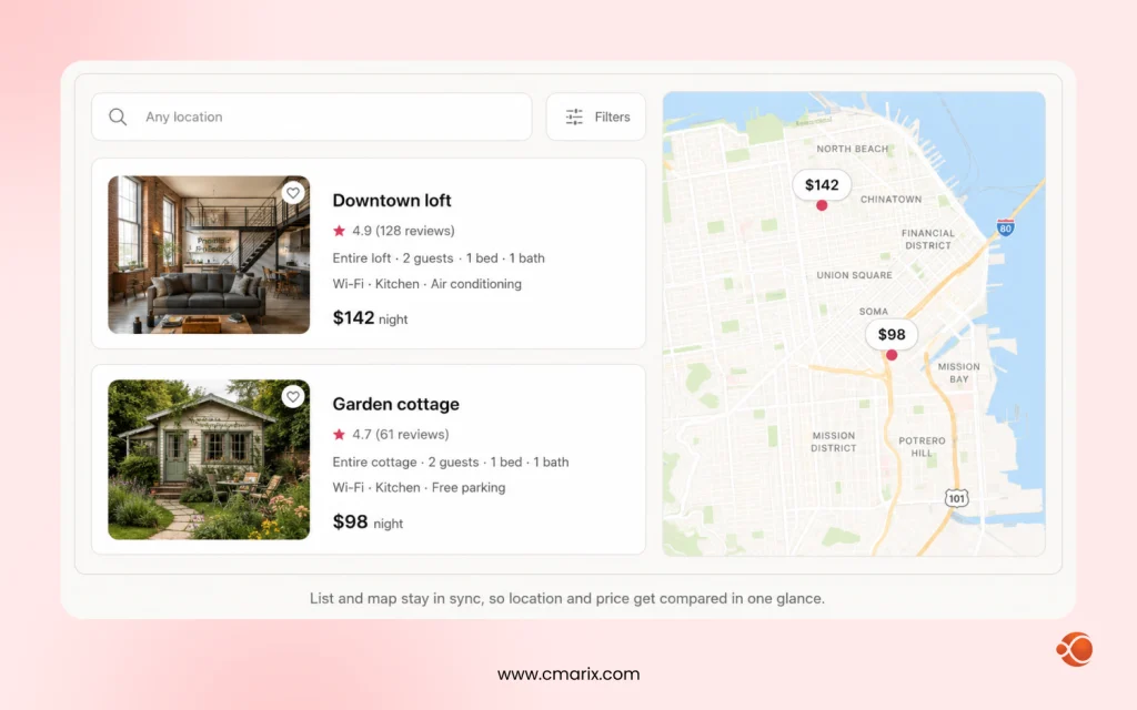 Two rental listings with prices shown