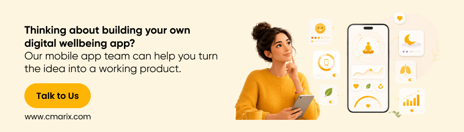 Woman contemplating digital wellbeing app